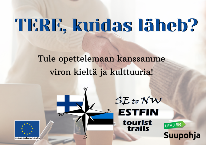 Hankkeen kielikurssin kuvituskuva jonka päällä on tekstiä ja logoja.