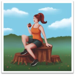 Piirroskuva, jossa tyttö istuu kannolla omena kädessään. 